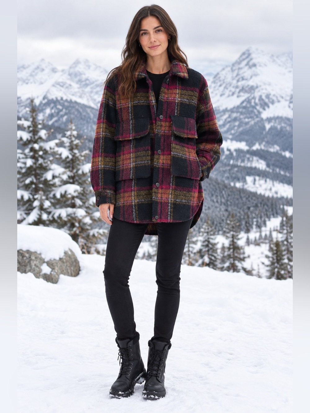 ZARA Burgundy Multi Plaid Pea Coat